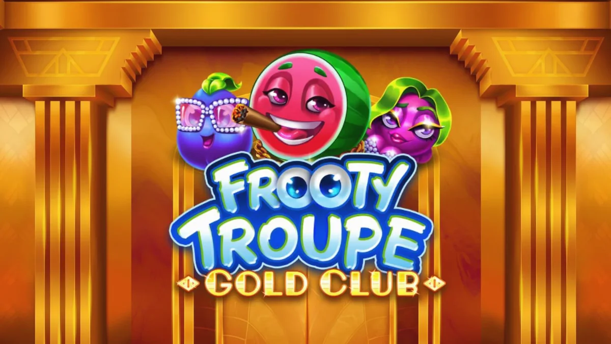 Tampilan visual mewah slot Frooty Troupe – Gold Club dengan nuansa emas dan buah-buahan.
